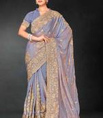 Dusty grey zari badla embroidery work silk blend saree