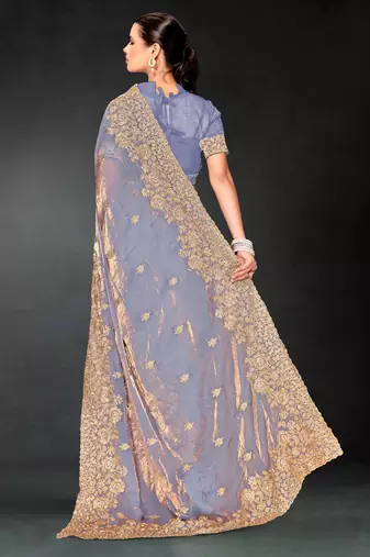 Dusty grey zari badla embroidery work silk blend saree