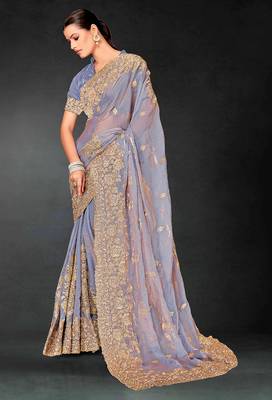 Dusty grey zari badla embroidery work silk blend saree 3