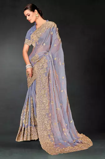 Dusty grey zari badla embroidery work silk blend saree
