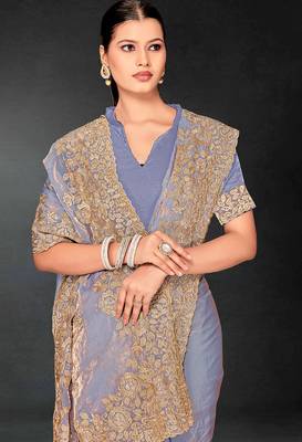 Dusty grey zari badla embroidery work silk blend saree 4
