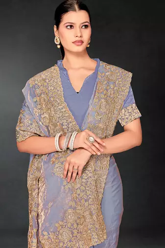 Dusty grey zari badla embroidery work silk blend saree