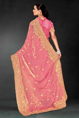 Dusty pink zari badla embroidery work silk blend saree 2