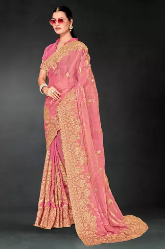 Dusty pink zari badla embroidery work silk blend saree