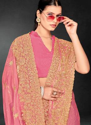 Dusty pink zari badla embroidery work silk blend saree 4