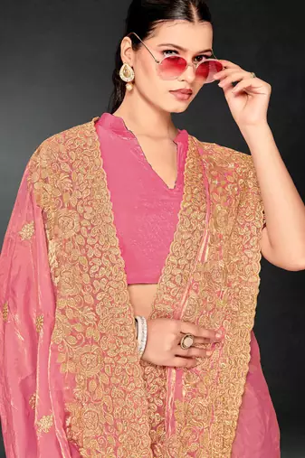 Dusty pink zari badla embroidery work silk blend saree