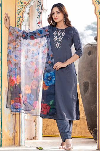  Women's Silk Blend Floral Straight Printed Kurta Pant With Dupatta | kurta sets for woman