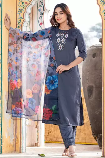  Women's Silk Blend Floral Straight Printed Kurta Pant With Dupatta | kurta sets for woman