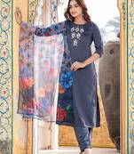  Women's Silk Blend Floral Straight Printed Kurta Pant With Dupatta | kurta sets for woman