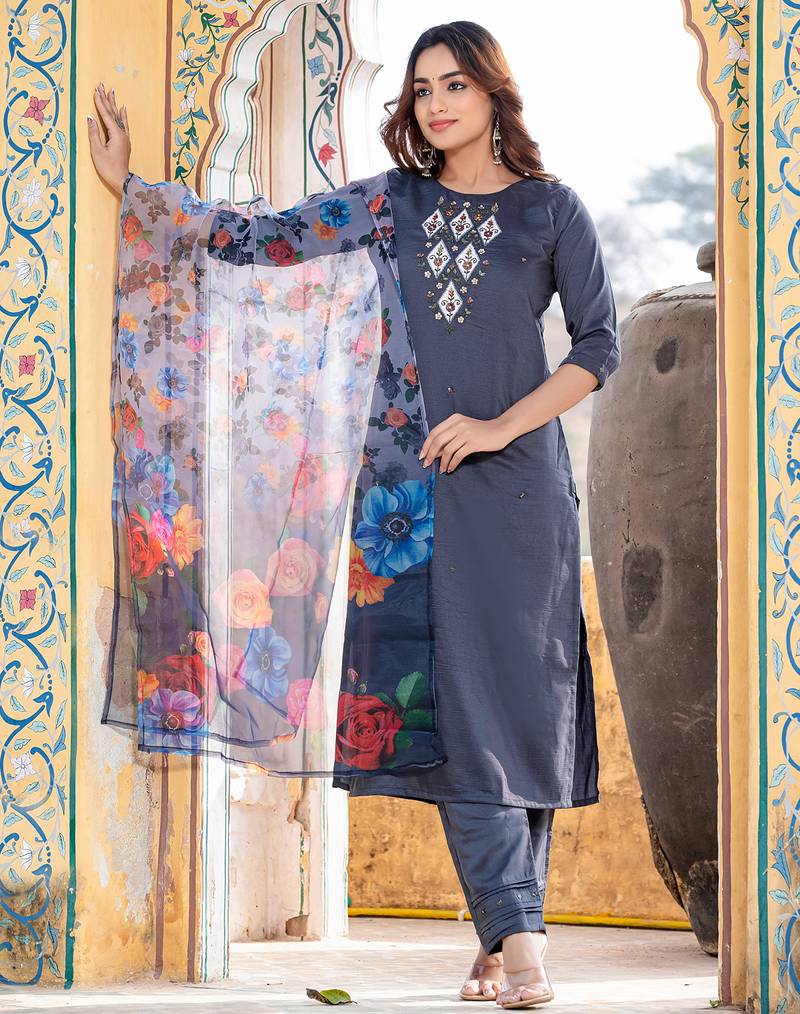  Women's Silk Blend Floral Straight Printed Kurta Pant With Dupatta | kurta sets for woman