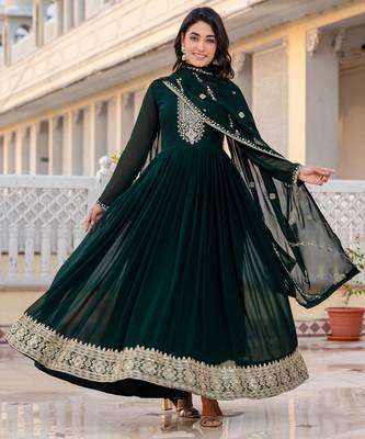 Green faux georgette zari sequins embroidery anarkali gown with heavy dupatta 1
