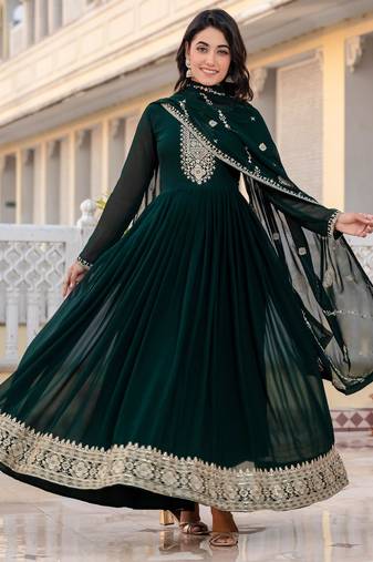 Green faux georgette zari sequins embroidery anarkali gown with heavy dupatta