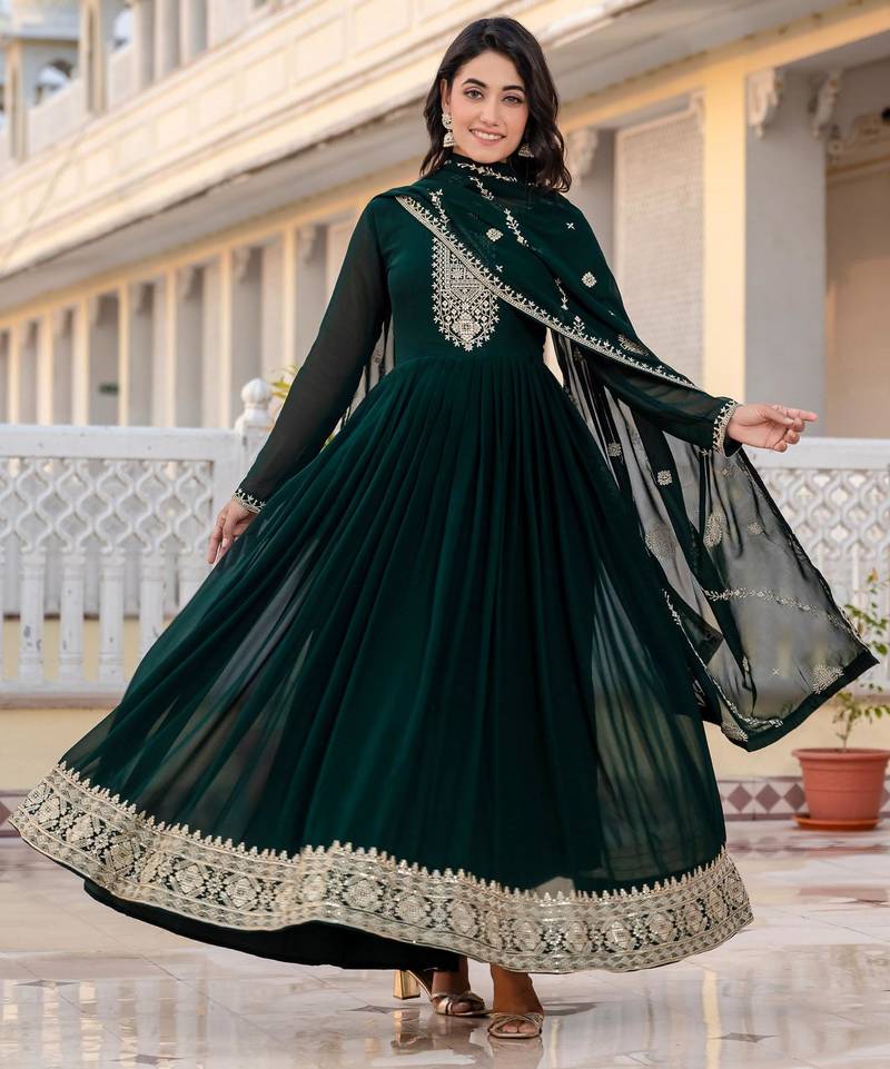 Green faux georgette zari sequins embroidery anarkali gown with heavy dupatta