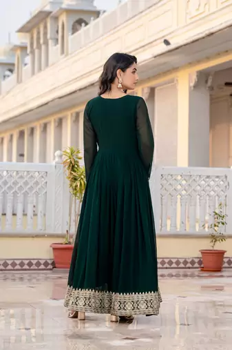 Green faux georgette zari sequins embroidery anarkali gown with heavy dupatta