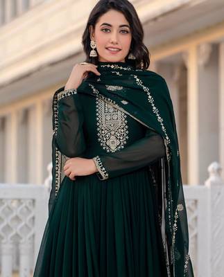Green faux georgette zari sequins embroidery anarkali gown with heavy dupatta 3