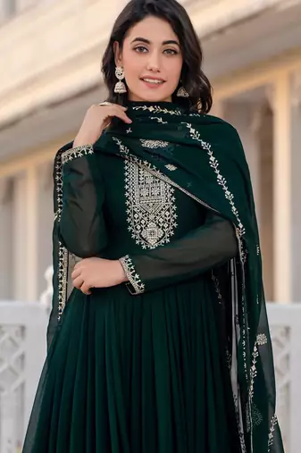 Green faux georgette zari sequins embroidery anarkali gown with heavy dupatta