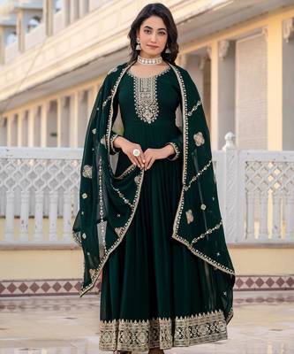 Green faux georgette zari sequins embroidery anarkali gown with heavy dupatta 4
