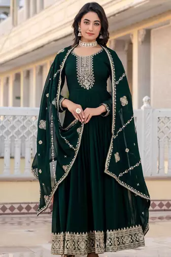 Green faux georgette zari sequins embroidery anarkali gown with heavy dupatta