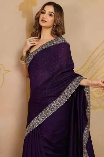 Purple Art Silk Embroidery Saree with Unstitched Blouse
