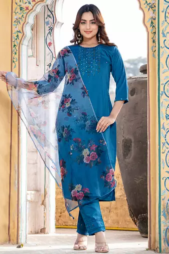  Women's Silk Blend Floral Straight Printed Kurta Pant With Dupatta | kurta sets for woman