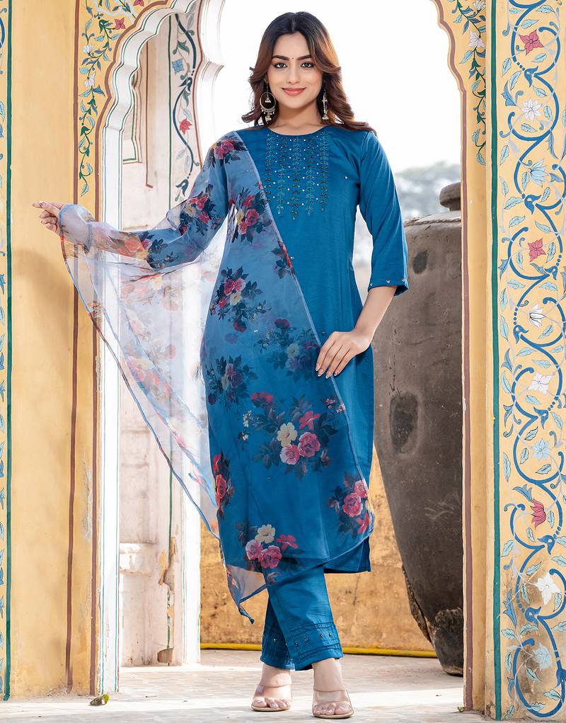  Women's Silk Blend Floral Straight Printed Kurta Pant With Dupatta | kurta sets for woman