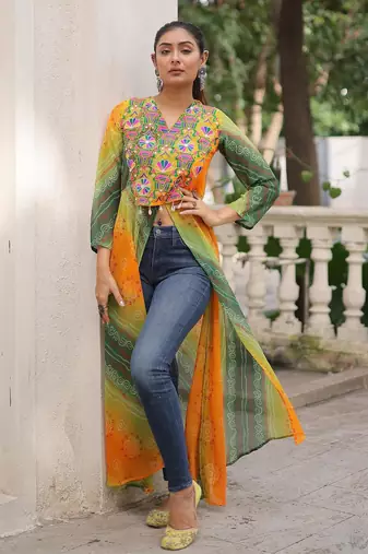 Green faux georgette bandhni print with kutchi patche work navratri kurti