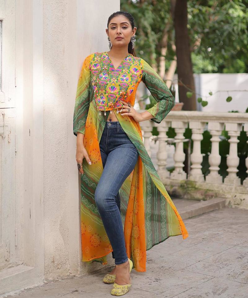 Green faux georgette bandhni print with kutchi patche work navratri kurti