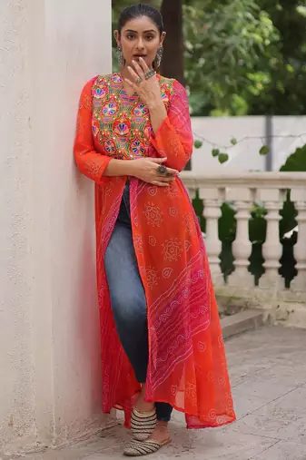 Pink faux georgette bandhni print with kutchi patche work navratri kurti