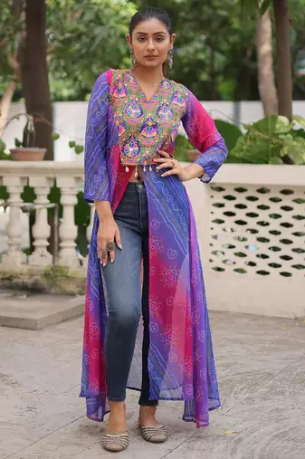 Purple faux georgette bandhni print with kutchi patche work navratri kurti