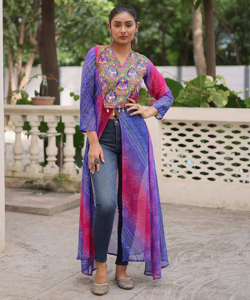 Purple faux georgette bandhni print with kutchi patche work navratri kurti