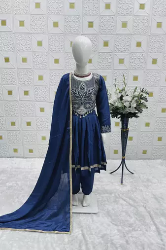 Designer Chinon Silk Embroidery Work Blue Readymade Gown