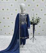 Designer Chinon Silk Embroidery Work Blue Readymade Gown