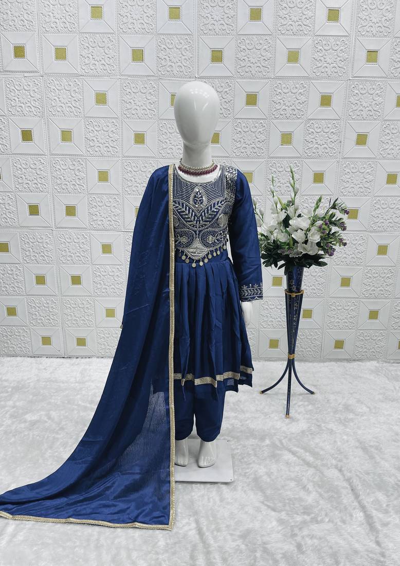 Designer Chinon Silk Embroidery Work Blue Readymade Gown