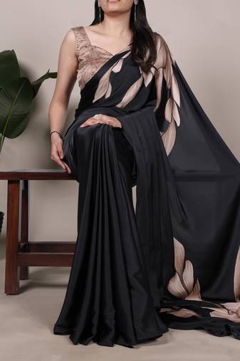 black Floral Printed Satin Silk Saree