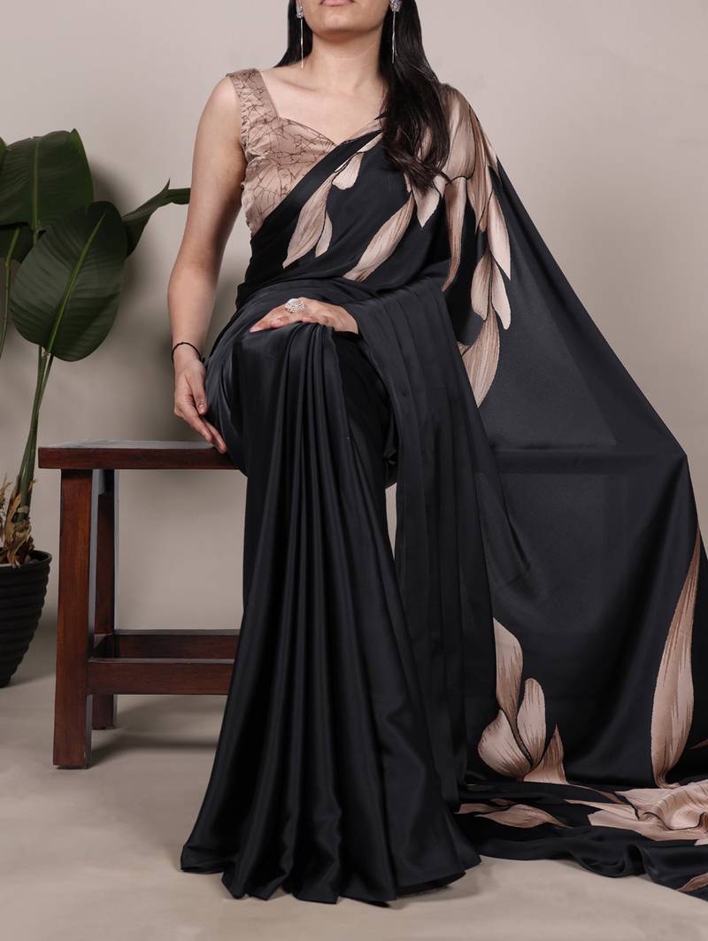 black Floral Printed Satin Silk Saree