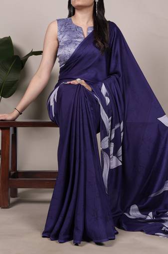navy blue Floral Printed Satin Silk Saree