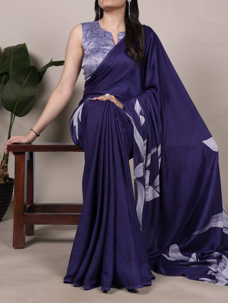 navy blue Floral Printed Satin Silk Saree