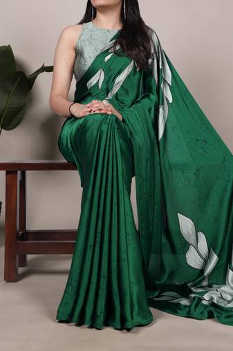 green Floral Printed Satin Silk Saree