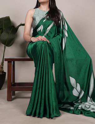 green Floral Printed Satin Silk Saree 1