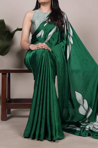 green Floral Printed Satin Silk Saree