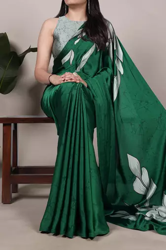 green Floral Printed Satin Silk Saree