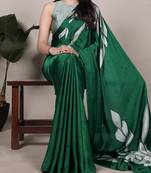 green Floral Printed Satin Silk Saree