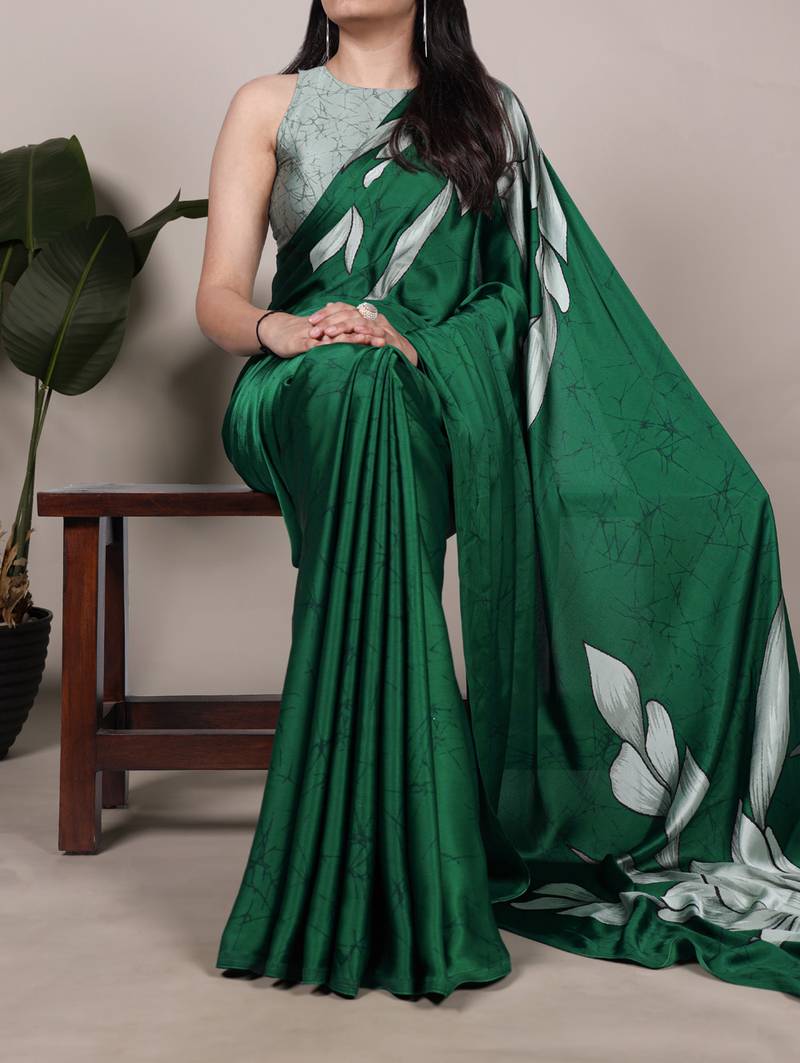 green Floral Printed Satin Silk Saree