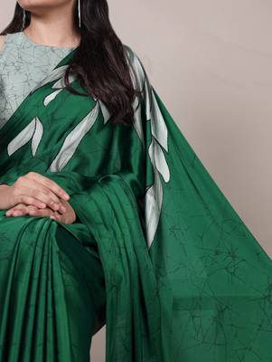 green Floral Printed Satin Silk Saree 2