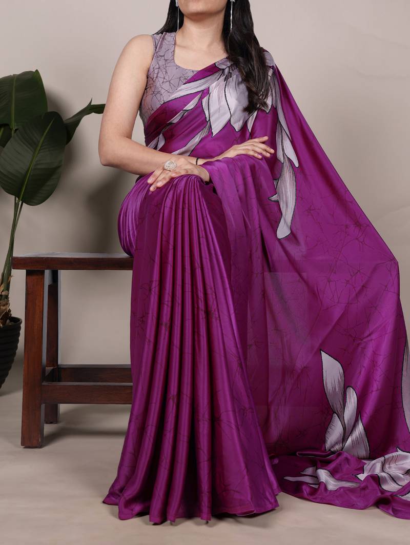 pink Floral Printed Satin Silk Saree