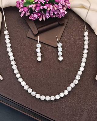 Rhodium polish cz diamond necklace & earrings set – elegant silver finish for modern look 1