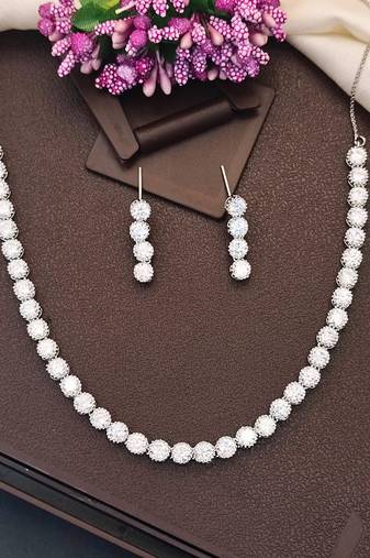 Rhodium polish cz diamond necklace & earrings set – elegant silver finish for modern look