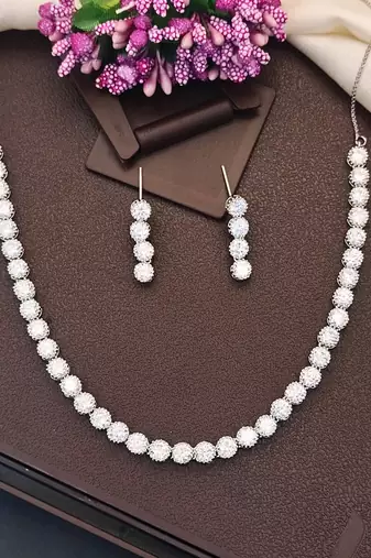 Rhodium polish cz diamond necklace & earrings set – elegant silver finish for modern look