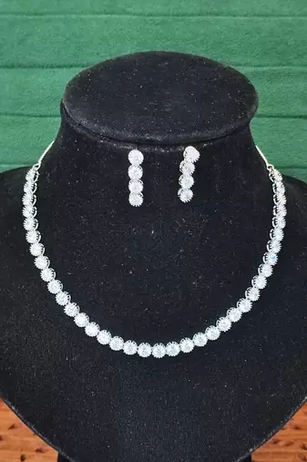 Rhodium polish cz diamond necklace & earrings set – elegant silver finish for modern look