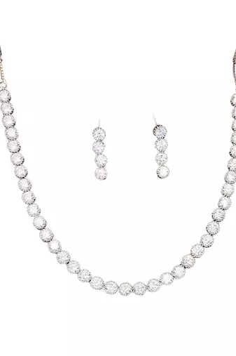 Rhodium polish cz diamond necklace & earrings set – elegant silver finish for modern look